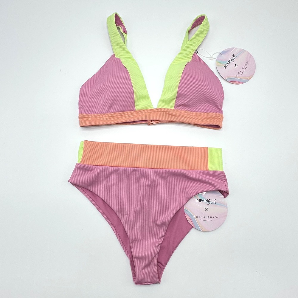 Infamous Swim Erica Shaw Lola Ginger Bikini Set Pink Orange Lime Green Large NEW